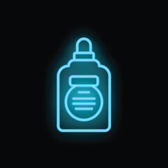 Neon blue cosmetic bottle glowing on a black background