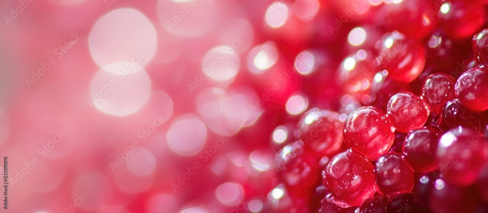 Poster close-up of red juicy pomegranate seeds with a blurred background and bokeh effect copy space