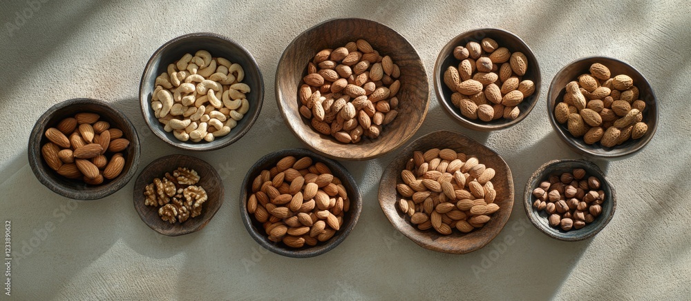 Poster assorted nuts in various bowls arranged on a surface with soft shadows and natural light copy space
