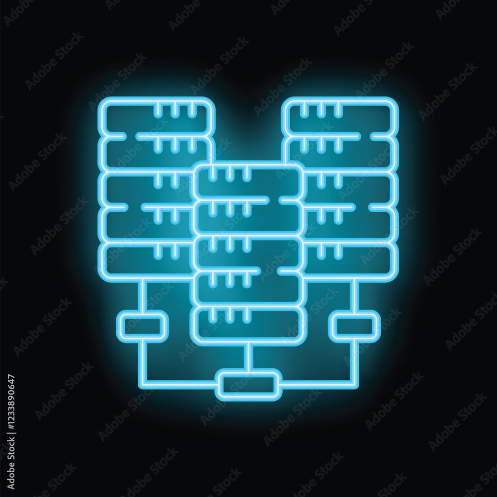 Poster blue neon icon of database servers sharing big data over a network
