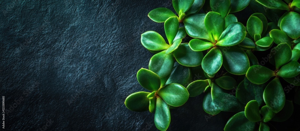 Poster green leaves with a glossy texture on a dark stone background with ample copy space for text placeme