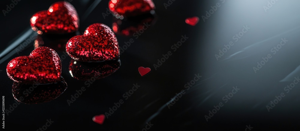 Poster red glittering hearts on dark reflective surface with small heart confetti and copy space for text p