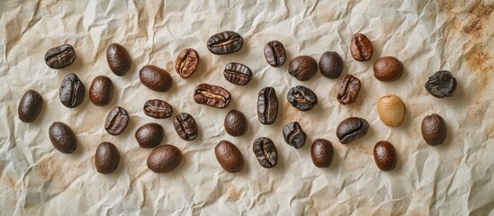 Coffee beans arranged on crumpled paper background with varying degrees of roast and color Copy Space
