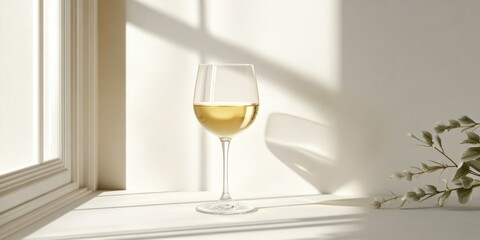 Elegant white wine glass with golden liquid placed on white surface near window casting soft shadows and light Copy Space