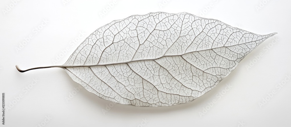 Poster white skeletal leaf on a plain white background with visible vein patterns and textures copy space