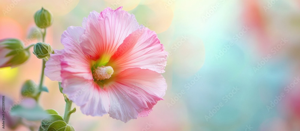 Poster delicate pink hollyhock flower with soft background colors and bokeh effect featuring copy space for