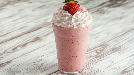 Strawberry milkshake with whipped cream, wood background, dessert, food photography