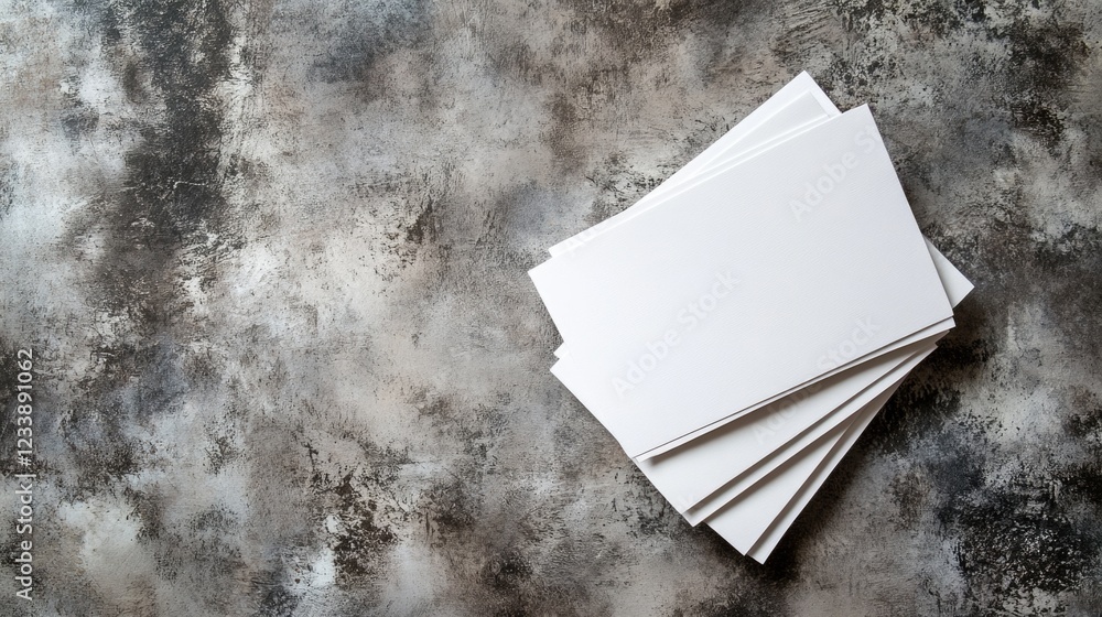 Poster stack of blank white cards on textured gray background with copy space