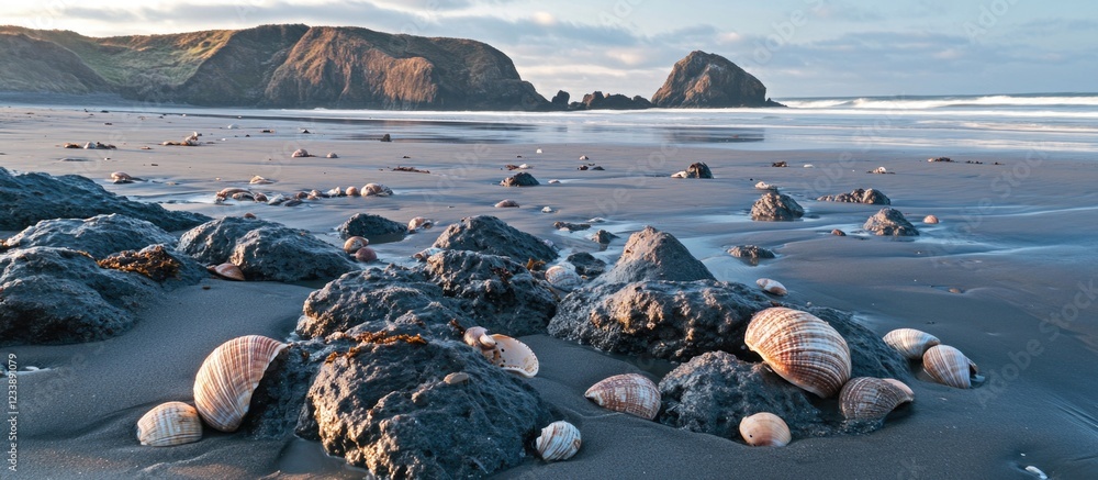 Poster rocky beach with seashells in the foreground and coastal cliffs in the background during sunset copy