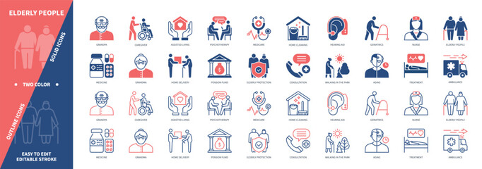 Elderly People icon set. Caregiver, Ambulance, Assisted Living, Medicare, Nurse, Pension Fund. Duotone color solid and editable outline icons
