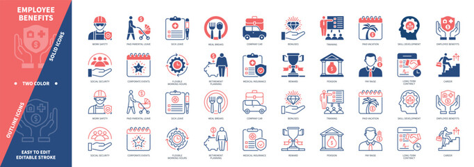 Employee Benefits icon set. Insurance, Paid Vacation, Pension, Social Security, Training, Bonuses, Career, Sick Leave. Duotone color solid and editable outline icons