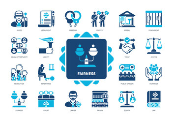 Fairness icon set. Judge, Equity, Punishment, Justice, Repentance, Liberty, Lawyer, Freedom. Duotone color solid icons