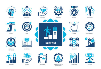 Incentive icon set. Motivation, Salary, Power, Effort, Reward, Goal, Result, Advantage. Duotone color solid icons
