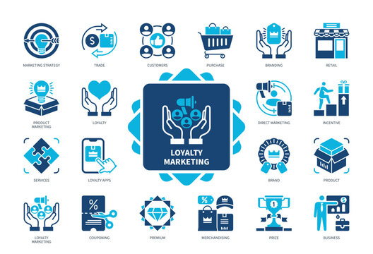 Loyalty Marketing icon set. Customers, Trade, Brand, Retail, Premium, Business, Couponing, Direct Marketing. Duotone color solid icons