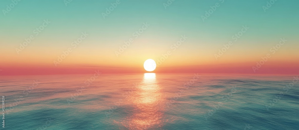 Poster sunset over calm ocean waters with gradient sky colors and reflection on the water copy space