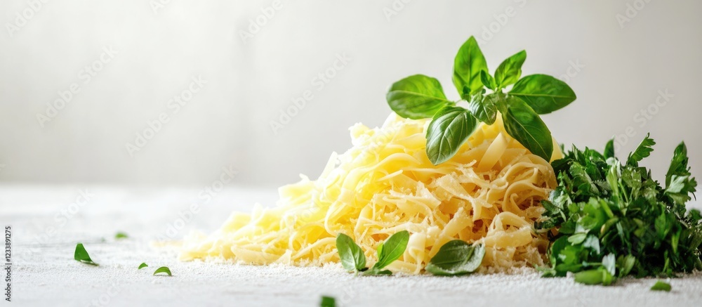 Poster freshly grated cheese with basil and parsley on a rustic surface with copy space for text or design 