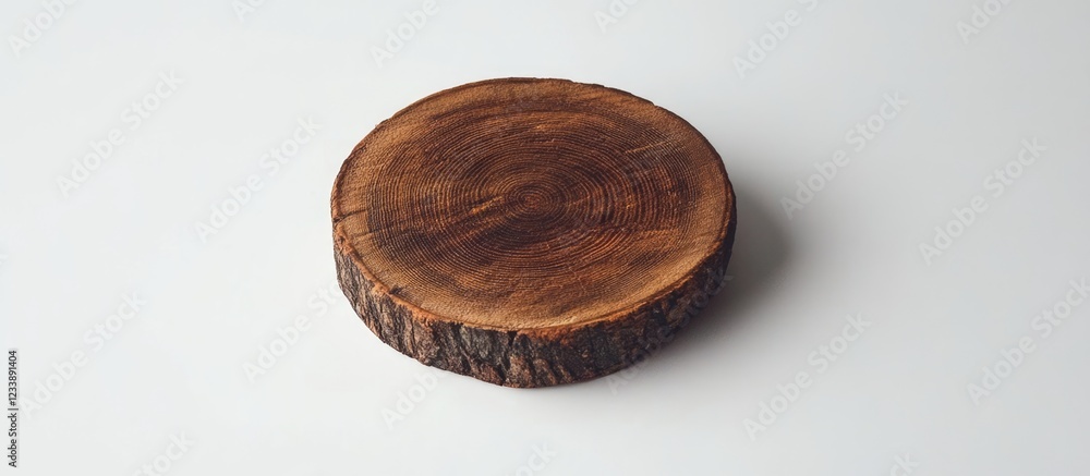 Poster round wooden slice with natural texture and bark edge on white background with copy space for design