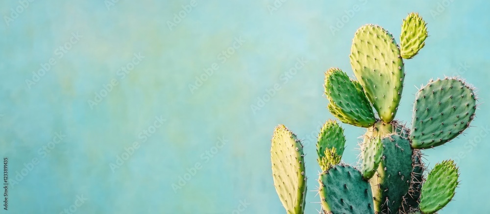 Poster green cactus on blue textured background with room for text or branding elements in the composition 