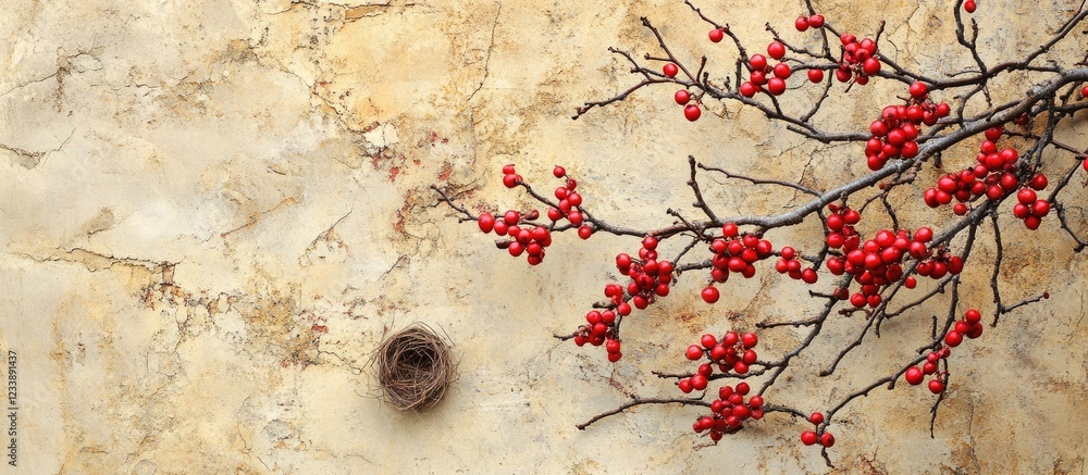 Aufkleber red berries on a branch with a bird nest against a textured beige wall background with copy space