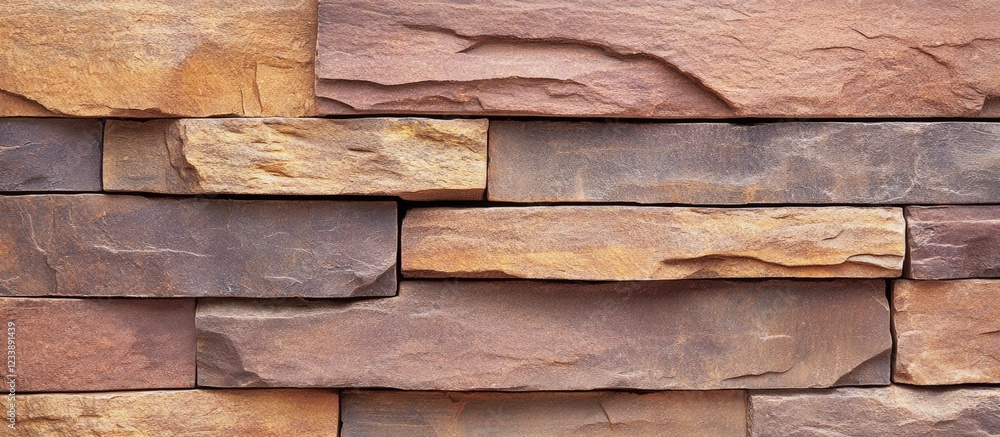 Poster textured wall made of different colored natural stone slabs arranged in a seamless pattern suitable 