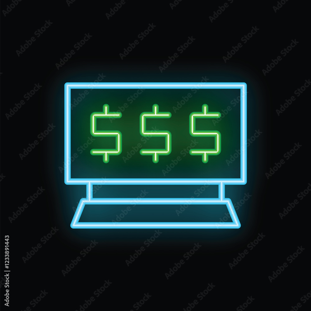 Poster glowing neon computer screen showing three increasing dollar signs, perfect for representing financi
