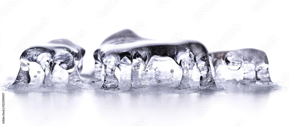 Poster transparent ice formations with bubbles on a reflective surface isolated on a white background copy 