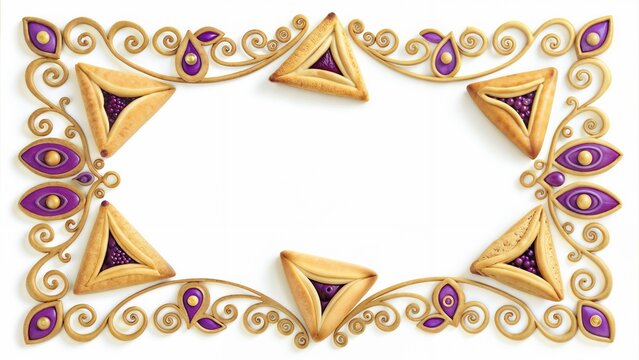 Decorative frame made from miniature hamantaschen pastries and Purim masks on white background with copy space