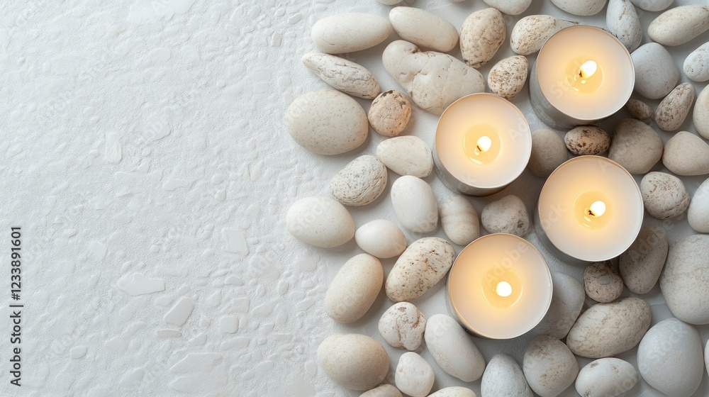 Poster lit tealight candles on white pebbles with textured background and copy space on the left side