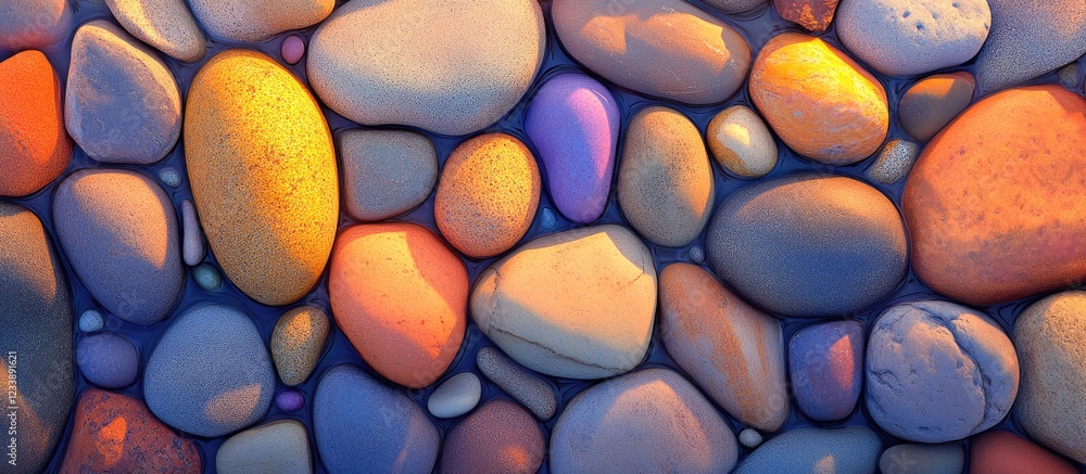 Aufkleber colorful smooth pebbles arranged in a seamless pattern with soft lighting and shadow effects
