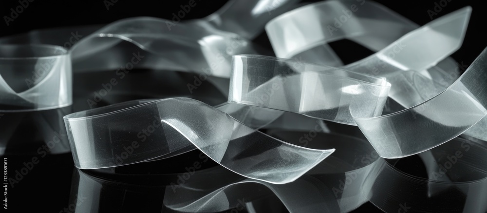 Poster translucent ribbon on black background with flowing curves and copy space