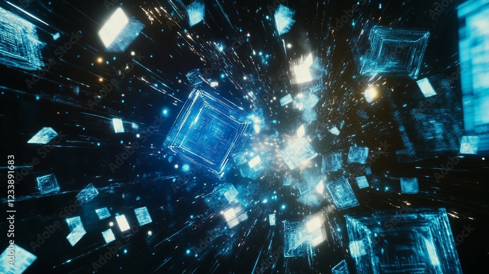 Poster abstract digital space with glowing blue cubes and sparkling particles moving through the dark