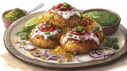 Savor aloo tikki chaat close-up of flavorful indian street food in a vibrant atmosphere