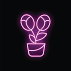 Glowing neon pink flowers growing in pot on black background