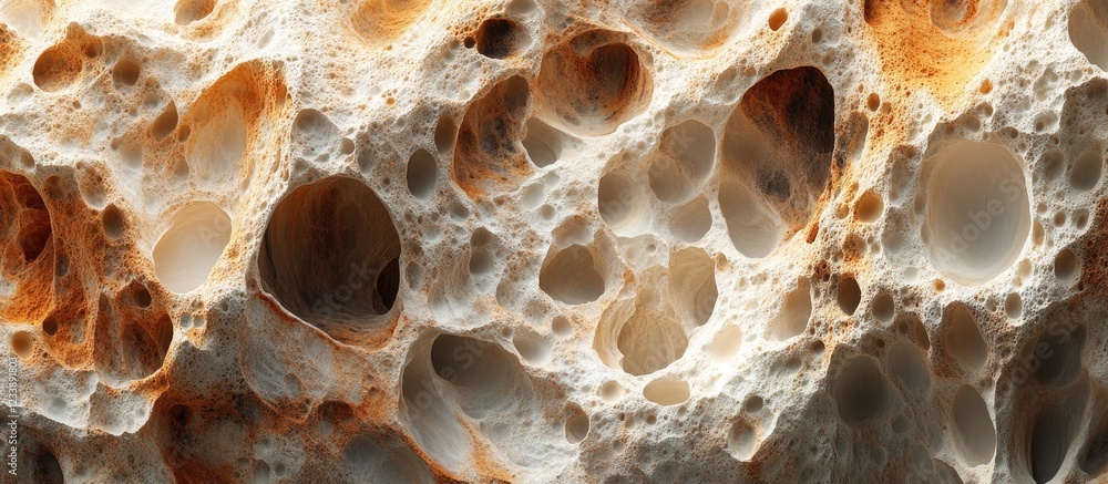 Poster close-up view of porous stone or rock texture with natural patterns and colors including orange and 