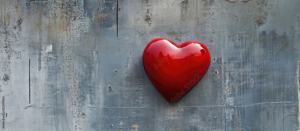 Aufkleber red glossy heart shape on rustic gray wooden background with texture and copy space for romantic or 