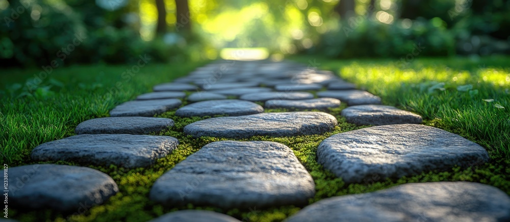 Poster stone pathway with greenery in a serene garden setting illuminated by natural light, ideal for backg