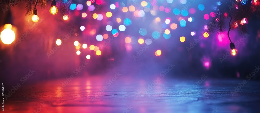 Poster colorful bokeh lights with smoke background and reflective surface ideal for creative projects and p
