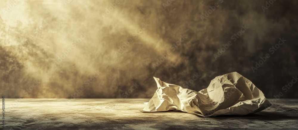 Poster crumpled paper on textured surface with dramatic lighting and shadows in the background copy space
