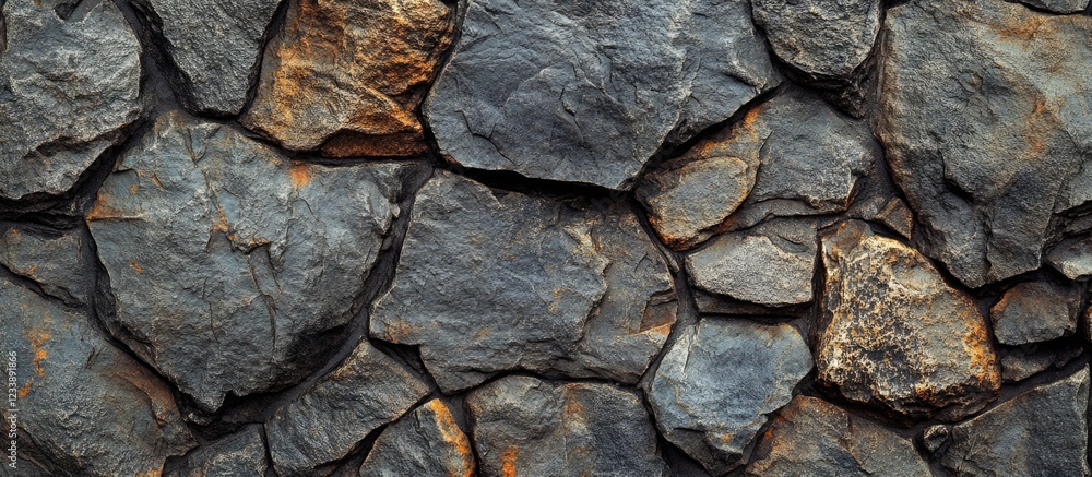 Poster textured background of stacked natural stone in various shades of gray with hints of rust and orange