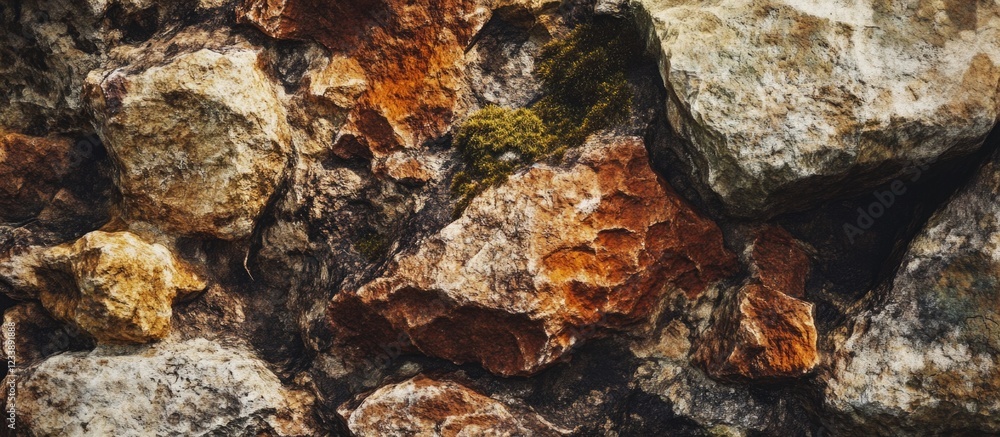 Poster textured background of multicolored stones and rocks with moss detail suitable for various design pu