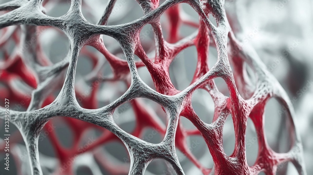 Poster close-up of a complex interconnected network in grey and red against a blur background