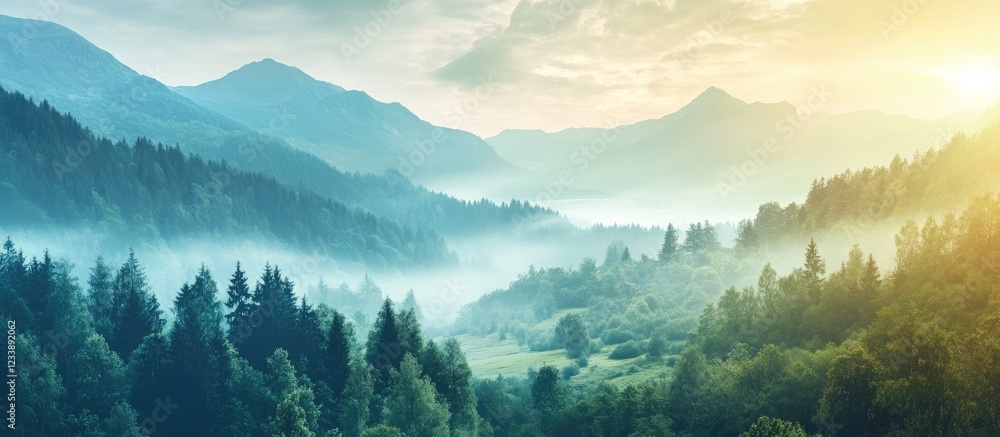 Poster serene panoramic view of lush mountains and misty forests with ample negative space for text overlay
