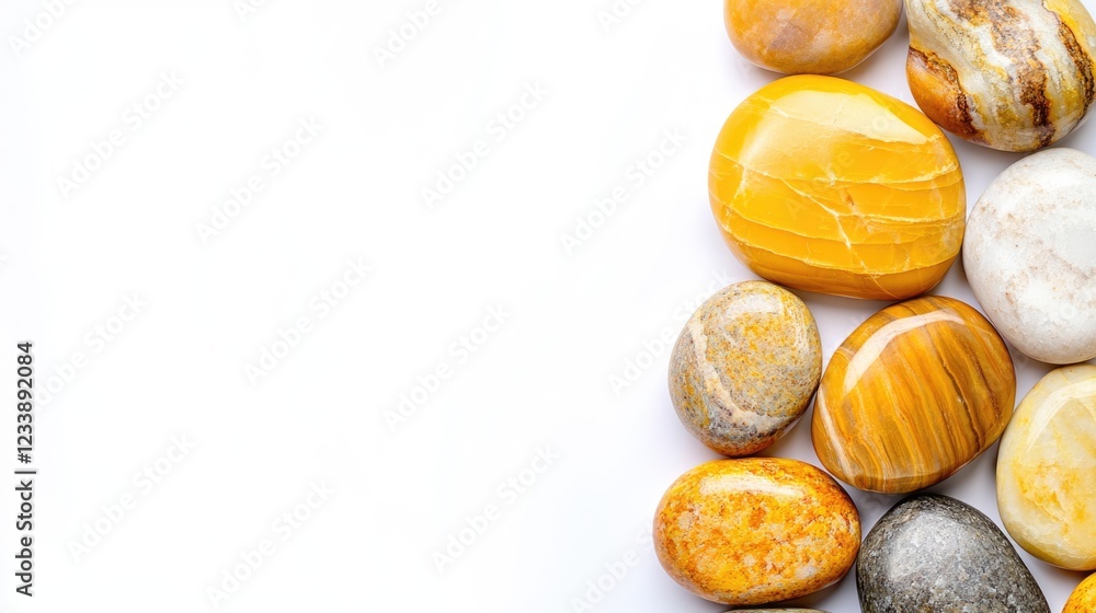 Poster smooth multicolored pebbles arranged on right side with white copy space for text