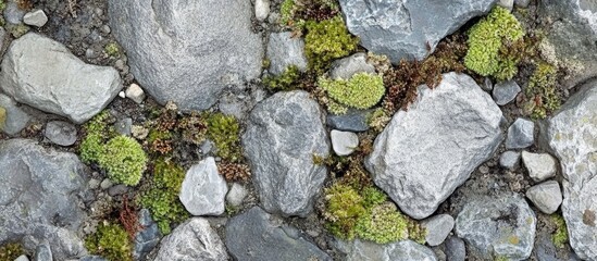 Moss covered rocks with various textures and colors on a gravel surface suitable for natural backgrounds and environmental themes Copy Space