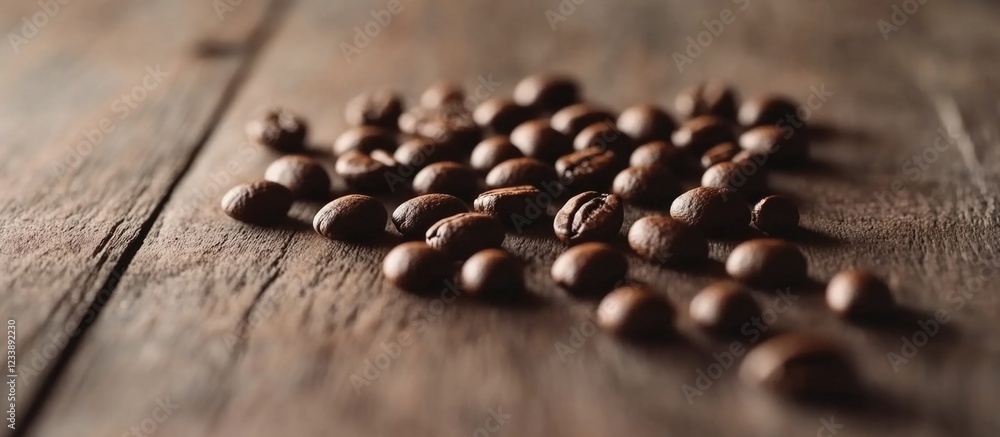 Poster close-up of scattered roasted coffee beans on a rustic wooden surface with soft lighting and ample c