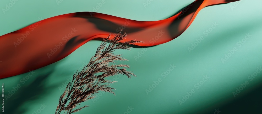 Poster red ribbon flowing alongside dried grass against a soft teal background with ample copy space for te