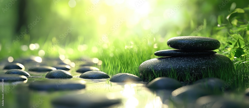 Poster balanced zen stones on green grass background with soft bokeh effect ideal for serenity and wellness