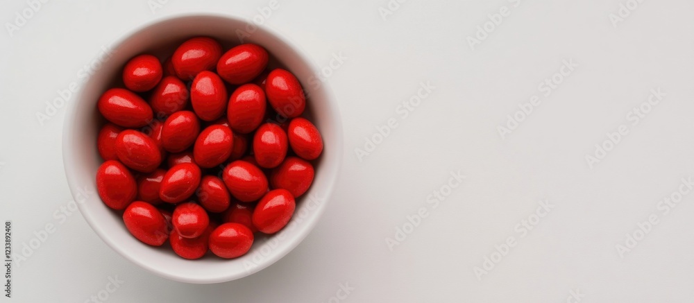 Poster red cherry tomatoes in a white bowl on a light background with ample copy space for text insertion