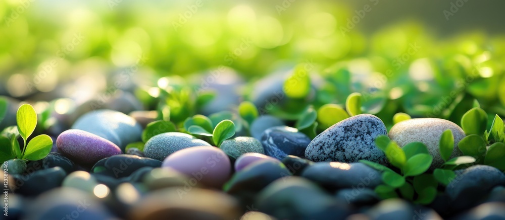 Poster vibrant green sprouts emerging among smooth pebbles in a natural setting with soft sunlight and dept