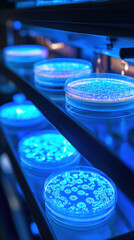 Petri dishes glowing under blue light in sterile lab environment
